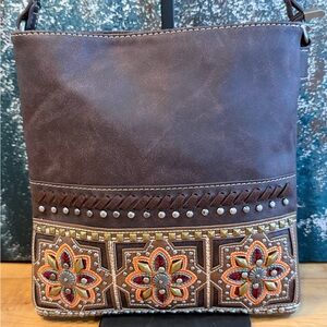 Montana West: Western Style Brown Crossbody Purse w/Tooled Floral Design & Studs